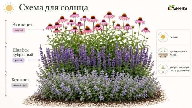 Схема для солнца №1: котовник + шалфей дубравный + эхинацея Схема для солнца №1: котовник + шалфей дубравный + эхинацея