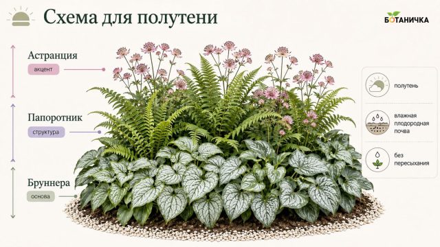 Схема для полутени №2: бруннера + папоротник + астранция Схема для полутени №2: бруннера + папоротник + астранция