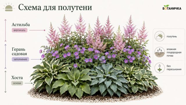 Схема для полутени №1: хоста + астильба + герань садовая Схема для полутени №1: хоста + астильба + герань садовая