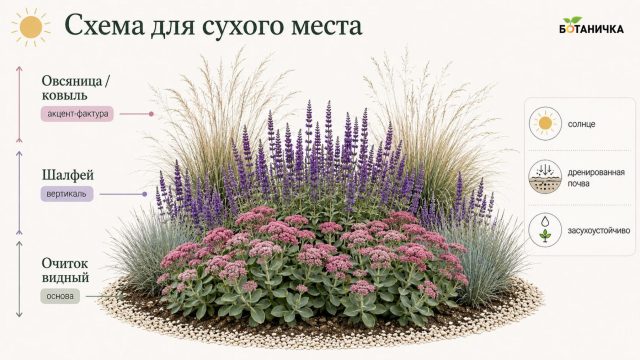 Схема для сухого места: очиток видный + шалфей + овсяница или ковыль Схема для сухого места: очиток видный + шалфей + овсяница или ковыль