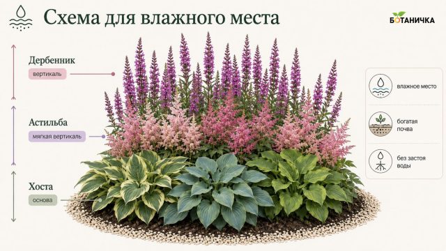 Схема для влажного места: дербенник + астильба + хоста Схема для влажного места: дербенник + астильба + хоста