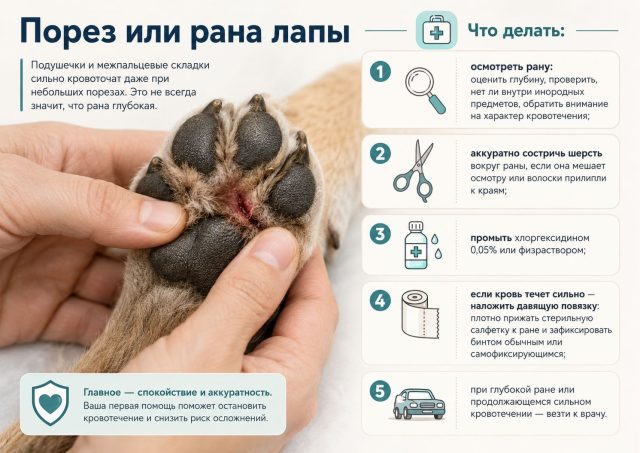 Подушечки лап сильно кровоточат даже при небольшом порезе. Задача хозяина — промыть рану, наложить давящую повязку и не тянуть с врачом, если кровь не останавливается. Подушечки лап сильно кровоточат даже при небольшом порезе. Задача хозяина — промыть рану, наложить давящую повязку и не тянуть с врачом, если кровь не останавливается.