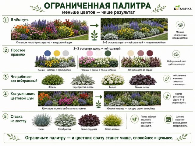 Два-три основных цвета и один нейтральный создают более чистую и выразительную композицию. Зелёная, серебристая или тёмная листва поддерживает палитру даже между волнами цветения.