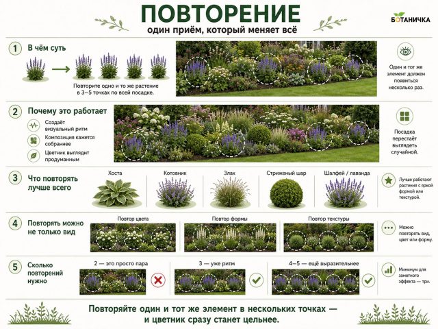 Один и тот же вид, цвет или силуэт, повторённый в трёх-пяти точках, связывает разные части цветника. Такой ритм помогает взгляду двигаться по композиции и делает её собранной.