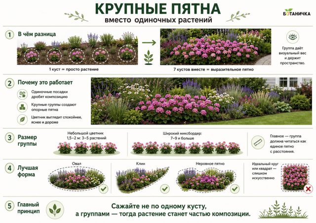 Группа из нескольких одинаковых растений воспринимается как единое пятно, а не набор отдельных кустов. Крупные массивы дают цветнику визуальный вес, спокойствие и профессиональный вид.