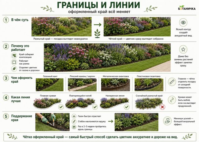 Чёткий край работает как рамка для картины: отделяет посадку от газона или дорожки и мгновенно делает её аккуратнее. Важно, чтобы линия была плавной, ясной и регулярно поддерживалась.