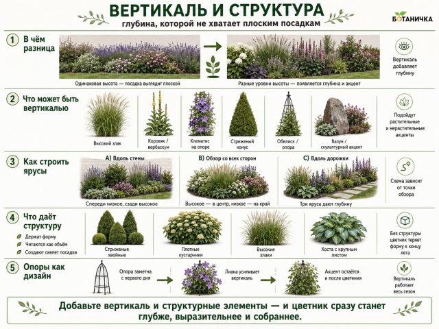 Высокие злаки, кустарники, опоры и обелиски добавляют цветнику глубину и направляют взгляд вверх. Разные уровни высоты формируют объём, а структурные растения сохраняют композицию весь сезон.