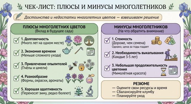 Чек лист "Плюсы и минусы многолетников". Чек лист "Плюсы и минусы многолетников".