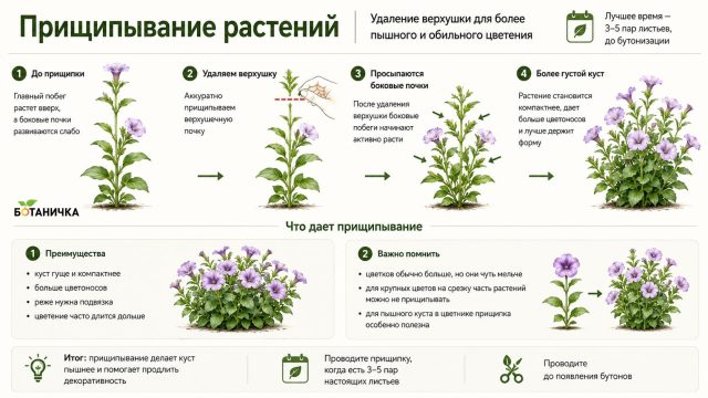Прищипывание верхушки пробуждает боковые почки и делает куст гуще. Вместо одного ведущего стебля развивается несколько побегов, поэтому цветоносов становится больше, хотя сами цветки могут быть мельче. Прищипывание верхушки пробуждает боковые почки и делает куст гуще. Вместо одного ведущего стебля развивается несколько побегов, поэтому цветоносов становится больше, хотя сами цветки могут быть мельче.