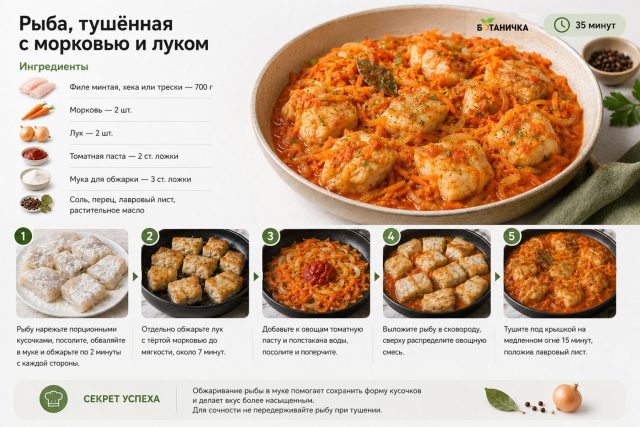 Рыба, тушённая с морковью и луком Рыба, тушённая с морковью и луком