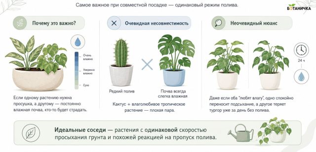 В одном горшке невозможно поливать растения по-разному, поэтому их отношение к просыханию грунта должно совпадать. В одном горшке невозможно поливать растения по-разному, поэтому их отношение к просыханию грунта должно совпадать.