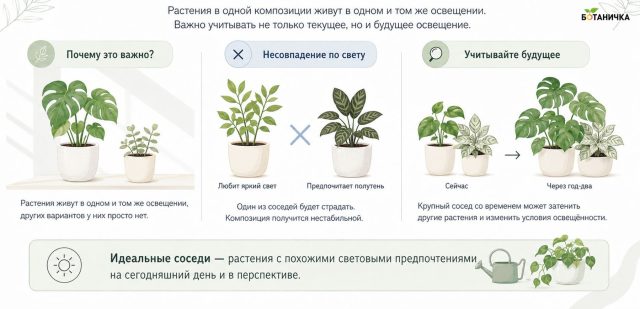 Даже совместимые по уходу растения могут мешать друг другу, если более крупный сосед со временем начнёт забирать свет. Даже совместимые по уходу растения могут мешать друг другу, если более крупный сосед со временем начнёт забирать свет.