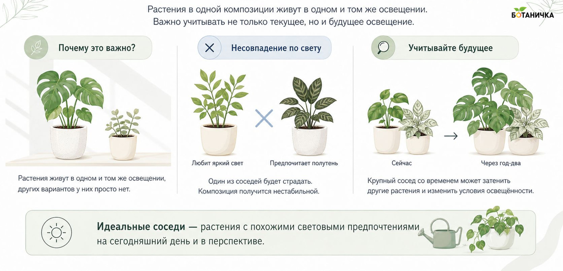 Крупный комнатный цветок затеняет мелкие соседние растения в кашпо