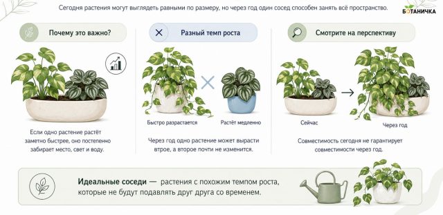 Быстрорастущий сосед со временем может занять большую часть горшка, оставив другому меньше света, воды и пространства. Быстрорастущий сосед со временем может занять большую часть горшка, оставив другому меньше света, воды и пространства.