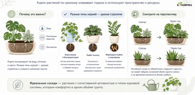 В общем горшке важно учитывать не только надземную часть растений: под землёй корни тоже конкурируют за место и влагу. В общем горшке важно учитывать не только надземную часть растений: под землёй корни тоже конкурируют за место и влагу.