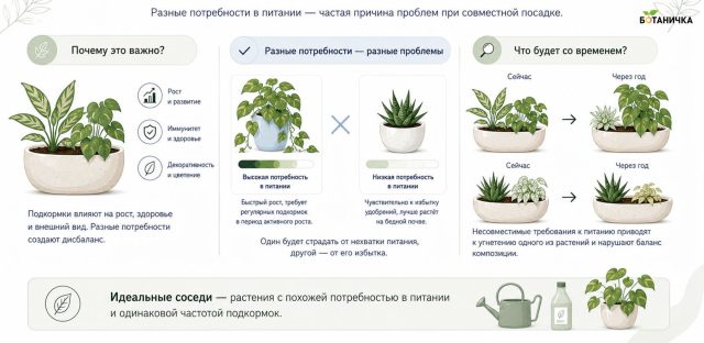 Общая почва означает и общий режим питания, поэтому растения с очень разными потребностями в удобрениях сочетать неудобно. Общая почва означает и общий режим питания, поэтому растения с очень разными потребностями в удобрениях сочетать неудобно.