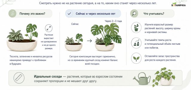 Оценивайте композицию с расчётом на будущее: маленькое сегодня растение через несколько лет может полностью изменить баланс в горшке. Оценивайте композицию с расчётом на будущее: маленькое сегодня растение через несколько лет может полностью изменить баланс в горшке.