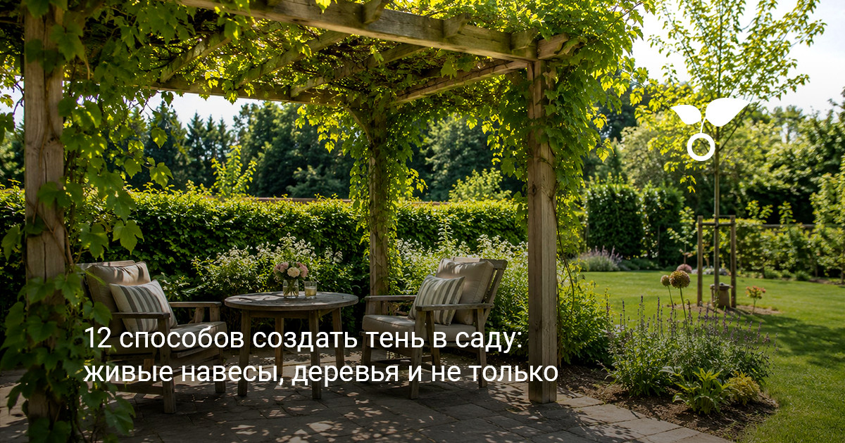 Тенистая зона отдыха в саду Общий вид обустроенного тенистого уголка отдыха на загородном участке