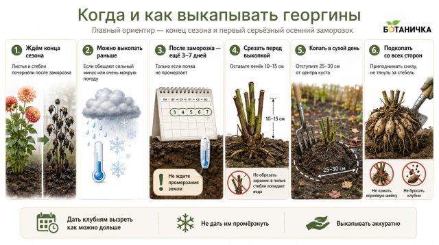 Гнездо георгина сначала обкапывают со всех сторон с отступом от стеблей, затем осторожно поддевают снизу и вынимают вместе с комом земли. Тянуть растение за пенёк нельзя: хрупкая корневая шейка может обломиться. Гнездо георгина сначала обкапывают со всех сторон с отступом от стеблей, затем осторожно поддевают снизу и вынимают вместе с комом земли. Тянуть растение за пенёк нельзя: хрупкая корневая шейка может обломиться.