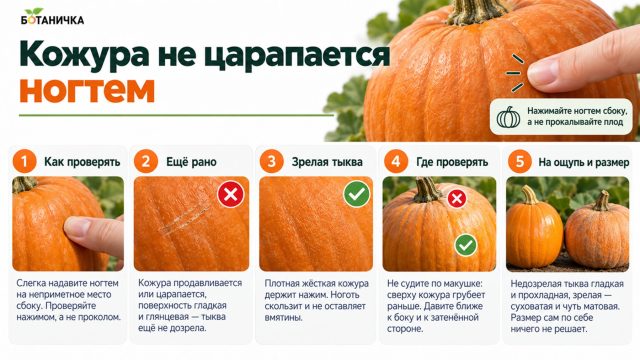 Зрелую тыкву проще всего проверить ногтем сбоку: плотная кожура не продавливается и не царапается, а поверхность становится суховатой и матовой. Если ноготь оставляет след, плод лучше пока не снимать. Зрелую тыкву проще всего проверить ногтем сбоку: плотная кожура не продавливается и не царапается, а поверхность становится суховатой и матовой. Если ноготь оставляет след, плод лучше пока не снимать.