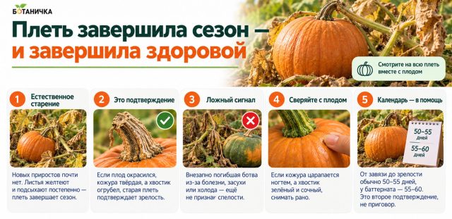Естественно стареющая плеть подтверждает, что сезон для плода заканчивается: листья желтеют и подсыхают, новый рост прекращается. Но внезапно погибшая ботва из-за болезни или холода о спелости не говорит. Естественно стареющая плеть подтверждает, что сезон для плода заканчивается: листья желтеют и подсыхают, новый рост прекращается. Но внезапно погибшая ботва из-за болезни или холода о спелости не говорит.