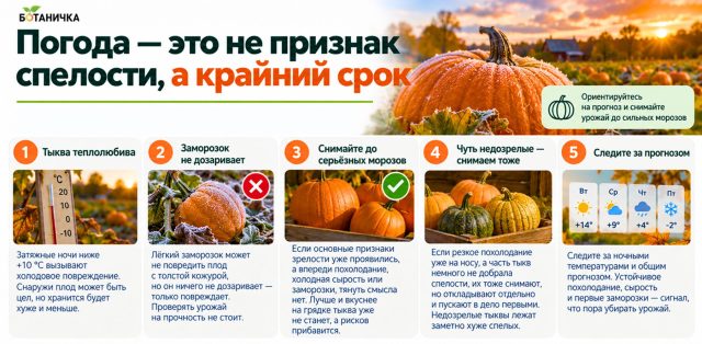 Холодная погода не делает тыкву спелее, зато может сократить срок хранения. Если основные признаки зрелости уже есть, а впереди затяжные холодные ночи, сырость или заморозки, урожай безопаснее убрать. Холодная погода не делает тыкву спелее, зато может сократить срок хранения. Если основные признаки зрелости уже есть, а впереди затяжные холодные ночи, сырость или заморозки, урожай безопаснее убрать.