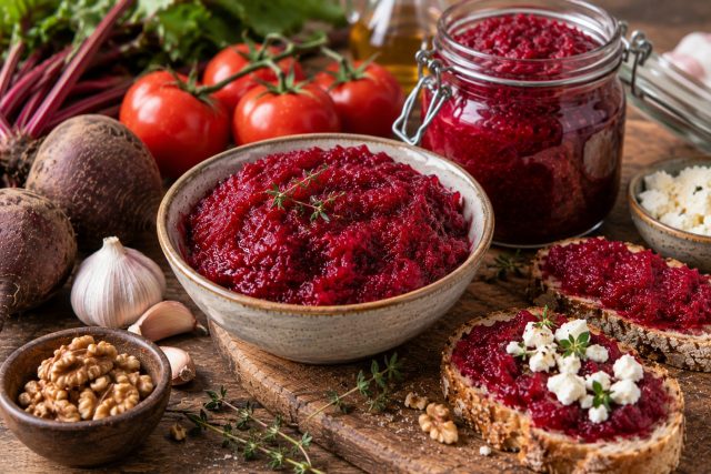 Икра из печёной свёклы — густая намазка на хлеб. Особенно хороша с фетой или грецкими орехами. Икра из печёной свёклы — густая намазка на хлеб. Особенно хороша с фетой или грецкими орехами.