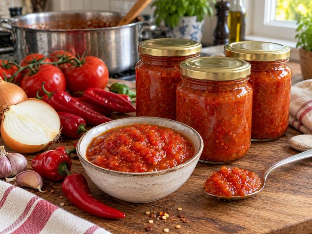 Острый томатно-перечный соус получается насыщенным, ярким и универсальным: его можно подать к мясу, птице, крупам или овощам. Степень жгучести проще всего регулировать выбором и количеством острого перца. Острый томатно-перечный соус получается насыщенным, ярким и универсальным: его можно подать к мясу, птице, крупам или овощам. Степень жгучести проще всего регулировать выбором и количеством острого перца.