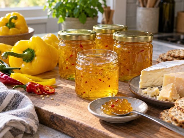 Прозрачное перечное желе сочетает сладость, лёгкую остроту и яркий аромат перца. Особенно эффектно оно получается из жёлтых плодов и отлично подходит к твёрдому и сливочному сыру, птице, холодному мясу и крекерам. Прозрачное перечное желе сочетает сладость, лёгкую остроту и яркий аромат перца. Особенно эффектно оно получается из жёлтых плодов и отлично подходит к твёрдому и сливочному сыру, птице, холодному мясу и крекерам.