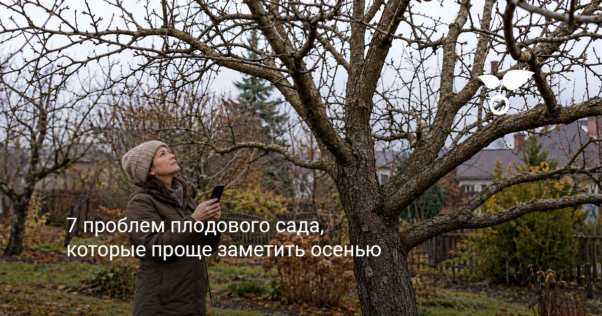 Общий вид сада во время осеннего осмотра кроны деревьев