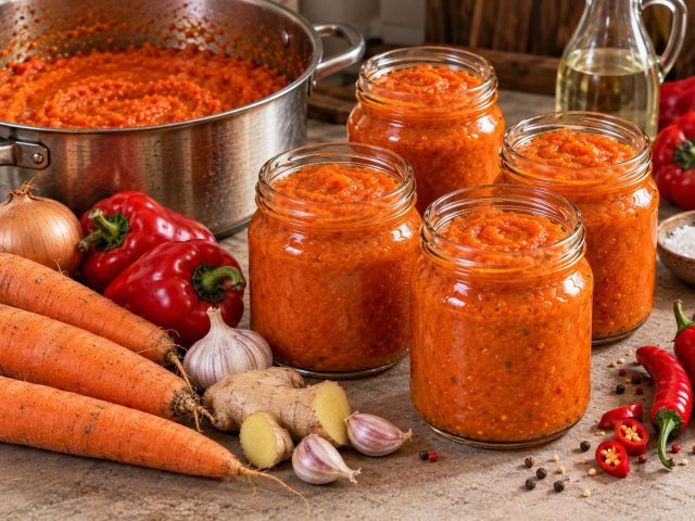 Острый морковный соус получается густым, ярким и сбалансированным без большого количества сахара. Морковь смягчает жгучесть перца, а имбирь, чеснок и уксус делают вкус выразительным. Острый морковный соус получается густым, ярким и сбалансированным без большого количества сахара. Морковь смягчает жгучесть перца, а имбирь, чеснок и уксус делают вкус выразительным.