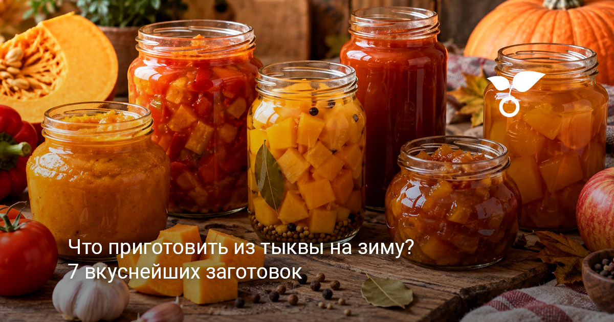 различные заготовки из тыквы в стеклянных банках на зимнем столе