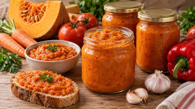 Густая тыквенная икра с томатами, морковью и печёным сладким перцем получается насыщенной, яркой и совсем не десертной. Такая заготовка хороша на хлебе, с картошкой, гречкой или как основа для овощного соуса. Густая тыквенная икра с томатами, морковью и печёным сладким перцем получается насыщенной, яркой и совсем не десертной. Такая заготовка хороша на хлебе, с картошкой, гречкой или как основа для овощного соуса.