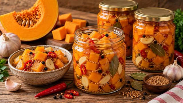 Маринованная тыква с чесноком, горчицей и острым перцем остаётся плотной и хрустящей, а через несколько дней хорошо пропитывается маринадом. Её подают к мясу, картофелю, жирной рыбе или сырной тарелке. Маринованная тыква с чесноком, горчицей и острым перцем остаётся плотной и хрустящей, а через несколько дней хорошо пропитывается маринадом. Её подают к мясу, картофелю, жирной рыбе или сырной тарелке.