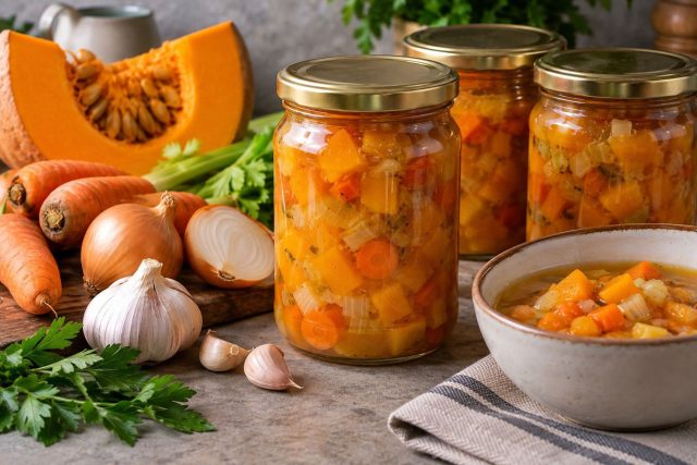 Нейтральная основа из тыквы, моркови и лука экономит время зимой: содержимое банки уже готово к дальнейшей работе. Из него за несколько минут получается крем-суп, овощной суп, гарнир или основа для рагу. Заправка из тыквы, моркови, лука и томатов экономит время зимой: содержимое банки уже готово к дальнейшей работе. Из него за несколько минут получается крем-суп, овощной суп, гарнир или основа для рагу.