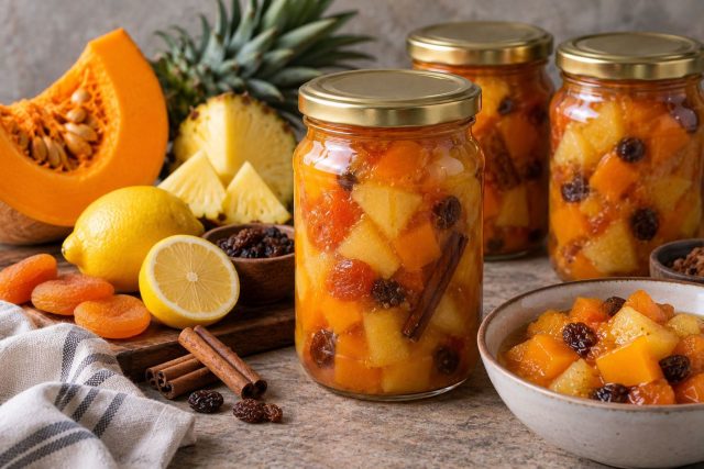 Тыква с ананасом, лимоном, курагой и изюмом получается прозрачной по краям и напоминает цукаты в густом сиропе. Её можно подать как десерт, добавить к каше или творогу, а можно неожиданно поставить к сыру. Тыква с ананасом, лимоном, курагой и изюмом получается прозрачной по краям и напоминает цукаты в густом сиропе. Её можно подать как десерт, добавить к каше или творогу, а можно неожиданно поставить к сыру.