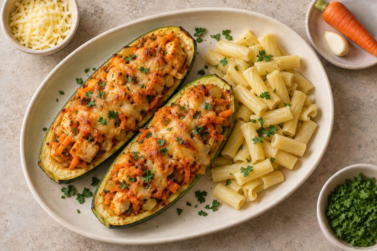 Кабачковые лодочки с куриной начинкой и макаронами