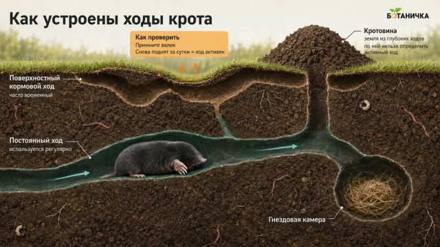Под газоном скрываются ходы разного назначения: мелкие извилистые кормовые ветви часто используются один раз, а более глубокие постоянные тоннели соединяют участки и регулярно служат кроту маршрутами. Под газоном скрываются ходы разного назначения: мелкие извилистые кормовые ветви часто используются один раз, а более глубокие постоянные тоннели соединяют участки и регулярно служат кроту маршрутами.