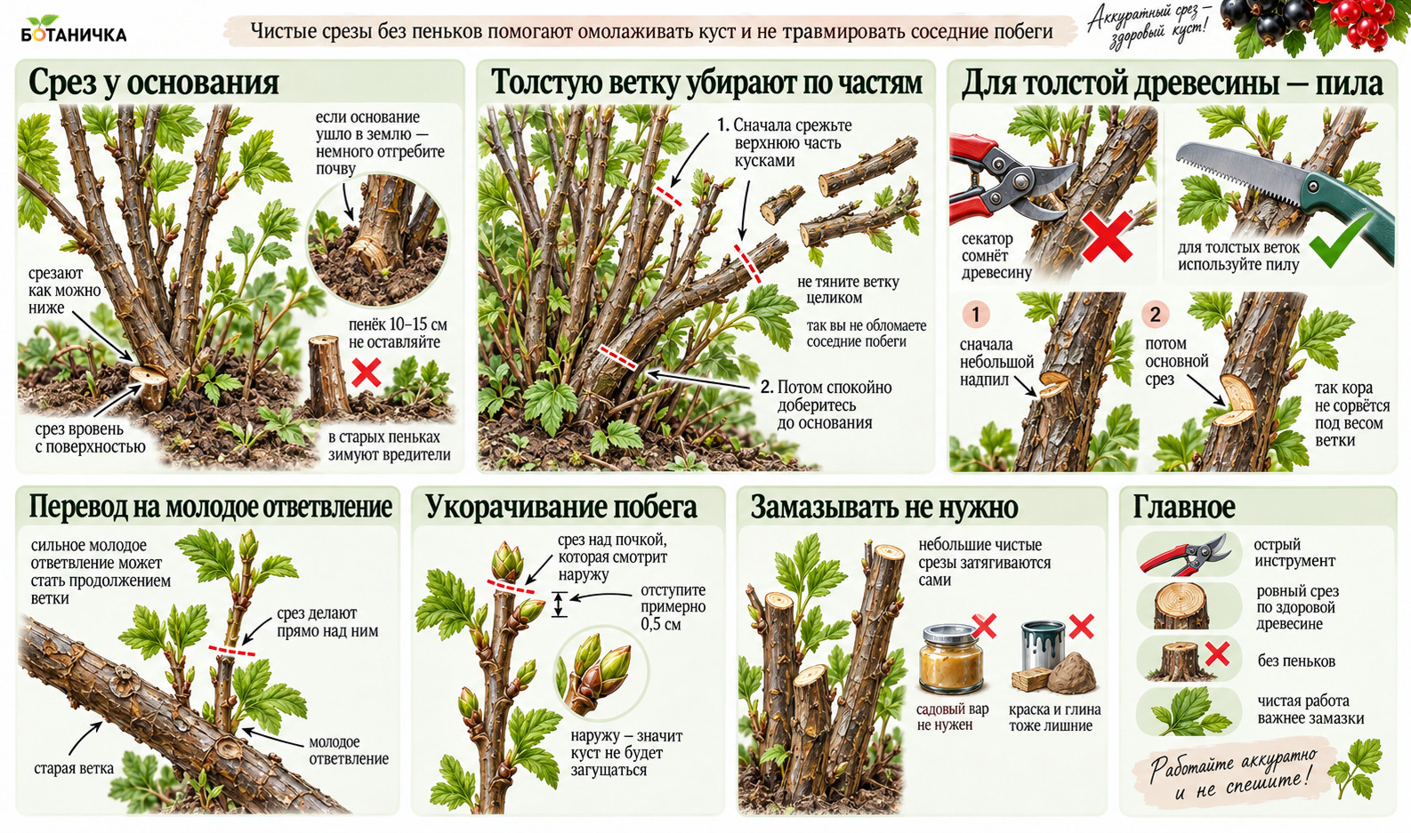 правильный срез ветви смородины у основания
