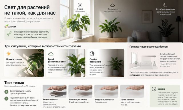 Чёткая тёмная тень указывает на сильный направленный свет, мягкая — на яркий рассеянный, едва заметная — на слабое освещение. Проверку проводят на уровне листьев и повторяют в разное время дня. Чёткая тёмная тень указывает на сильный направленный свет, мягкая — на яркий рассеянный, едва заметная — на слабое освещение. Проверку проводят на уровне листьев и повторяют в разное время дня.