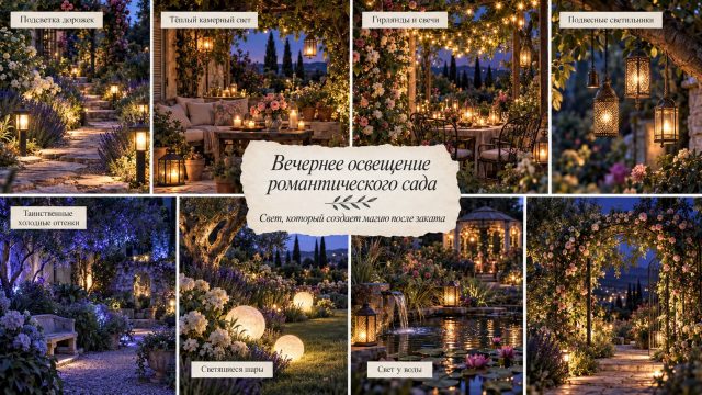 Вечернее освещение должно сохранять темноту, а не вытеснять ее. Теплые фонари, гирлянды и свечи создают уют, тогда как холодная точечная подсветка усиливает глубину, таинственность и ощущение ночного сада. Вечернее освещение должно сохранять темноту, а не вытеснять ее. Теплые фонари, гирлянды и свечи создают уют, тогда как холодная точечная подсветка усиливает глубину, таинственность и ощущение ночного сада.