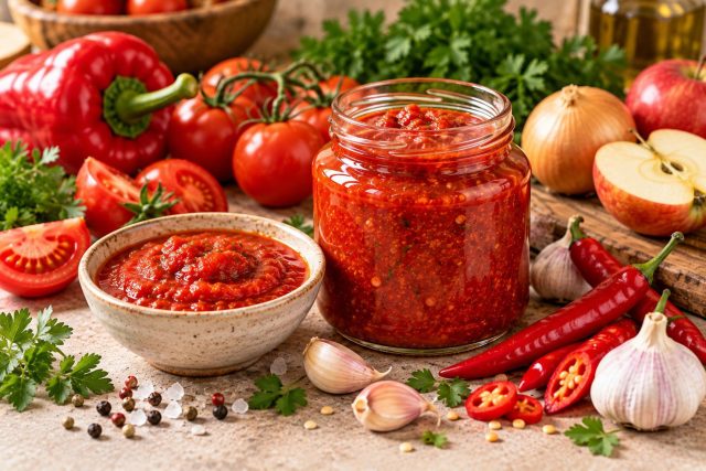Домашнюю аджику удобнее пропускать через мясорубку: так сохраняется характерная зернистая текстура. Чеснок и уксус добавляют ближе к концу варки, чтобы вкус оставался ярким и выразительным. Домашнюю аджику удобнее пропускать через мясорубку: так сохраняется характерная зернистая текстура. Чеснок и уксус добавляют ближе к концу варки, чтобы вкус оставался ярким и выразительным.