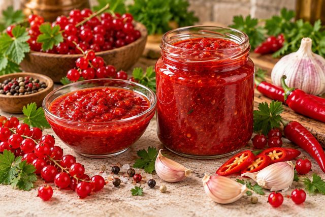 Красная смородина даёт соусу достаточно собственной кислоты, поэтому уксус не требуется. Долго варить ягоды не стоит: цвет потемнеет, а свежая кислинка уступит место тяжёлому варёному вкусу. Красная смородина даёт соусу достаточно собственной кислоты, поэтому уксус не требуется. Долго варить ягоды не стоит: цвет потемнеет, а свежая кислинка уступит место тяжёлому варёному вкусу.