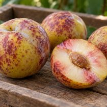 Dapple Dandy меняет рисунок кожицы от красных пятен на желтовато-зелёном фоне до бордовой пестроты. Мякоть кремово-белая с красными участками, а не равномерно красная даже у зрелого плода.