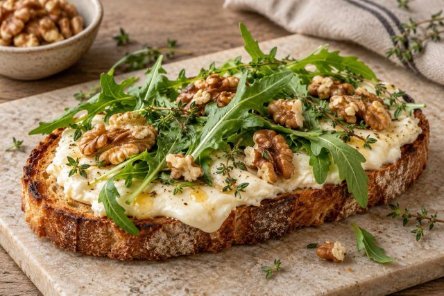 Этот бутерброд готовят в духовке, и по вкусу он похож одновременно на горячую творожную намазку и на маленькую запеканку.
