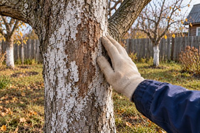 После дождей побелка может остаться лишь в углублениях коры и отдельных пятнах. Решение о повторном нанесении принимайте после просушки ствола: мокрая поверхность выглядит темнее и легко вводит в заблуждение.