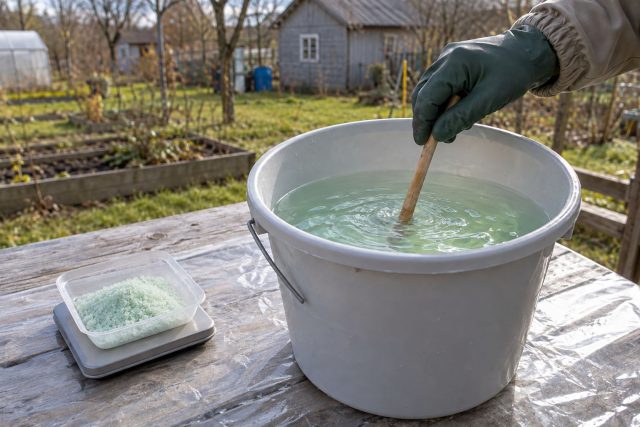 Купорос отмеряют на весах и растворяют в части воды, затем доводят объём до указанного в инструкции. Для приготовления выбирают пластиковую ёмкость, а свежий раствор используют сразу после разведения. Купорос отмеряют на весах и растворяют в части воды, затем доводят объём до указанного в инструкции. Для приготовления выбирают пластиковую ёмкость, а свежий раствор используют сразу после разведения.