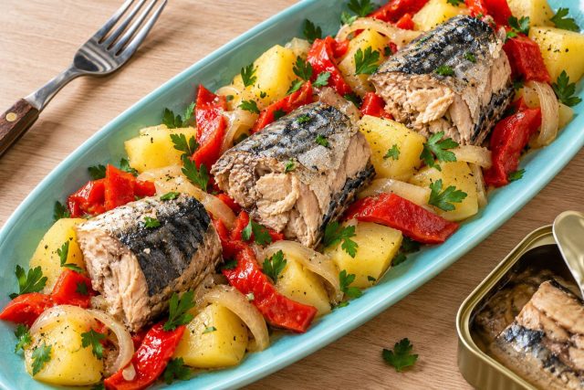 Скумбрия делает картофель с овощами сытнее благодаря собственной жирности. Для такого блюда удобно выбирать натуральные консервы, а соль и дополнительное масло добавлять только после пробы.