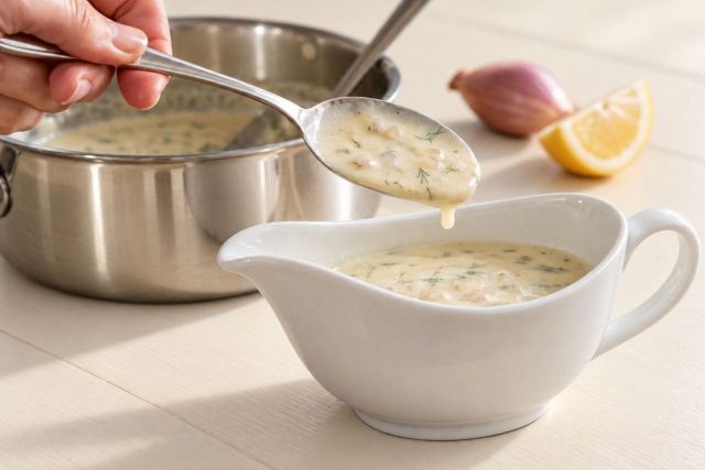 Сливки и мягкий шалот подчёркивают деликатный вкус камбалы и пикши, а постному хеку добавляют сочности. Лимонный сок вводят в самом конце, сняв соус с огня, чтобы сохранить его нежную однородную текстуру. Сливки и мягкий шалот подчёркивают деликатный вкус камбалы и пикши, а постному хеку добавляют сочности. Лимонный сок вводят в самом конце, сняв соус с огня, чтобы сохранить его нежную однородную текстуру.