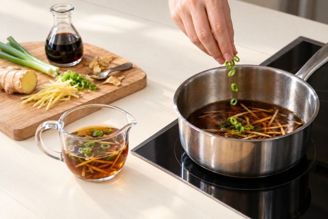 Имбирь и зелёный лук делают вкус рыбы на пару ярче, а разбавленный соевый соус добавляет солёность без лишней резкости. Подавайте с простым рисом и пробуйте блюдо перед тем, как добавить соль. Имбирь и зелёный лук делают вкус рыбы на пару ярче, а разбавленный соевый соус добавляет солёность без лишней резкости. Подавайте с простым рисом и пробуйте блюдо перед тем, как добавить соль.